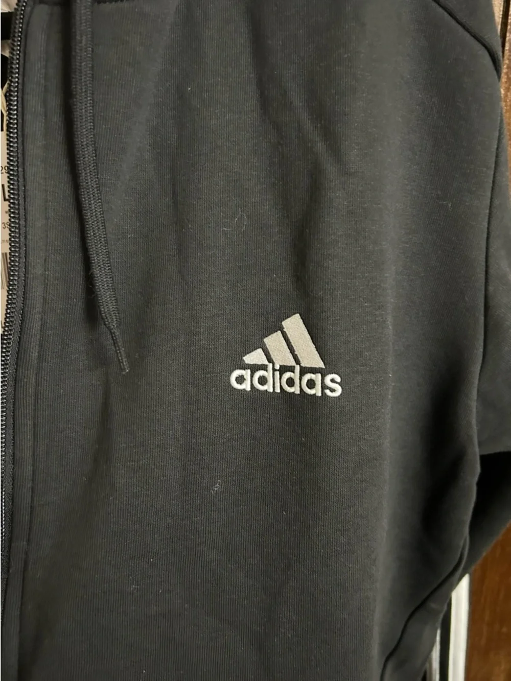 Men’s  Black Zip-Up Hoodie Jacket with White Three-Stripes - Picture 4 of 7